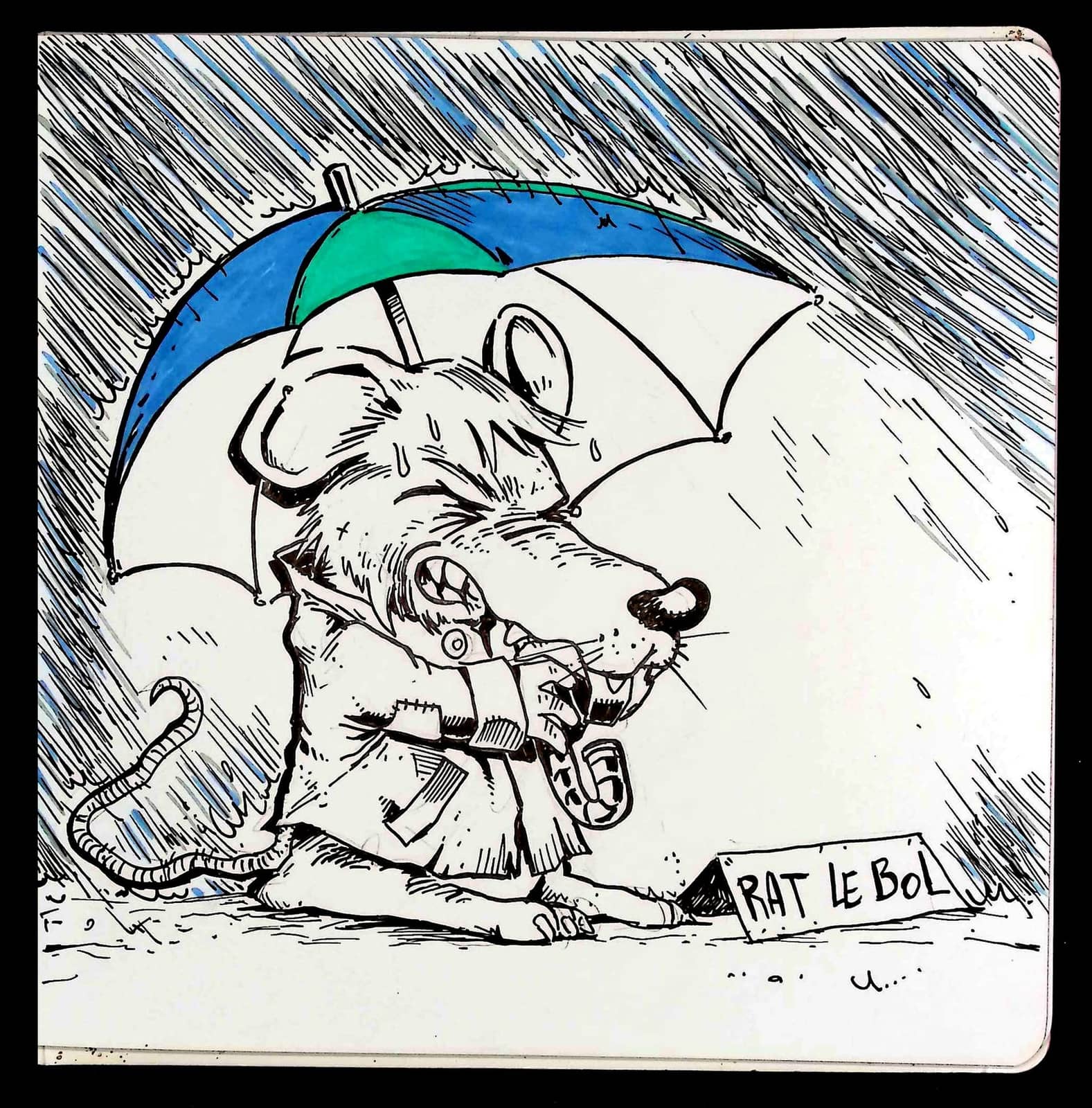 Rat au parapluie sous la pluie