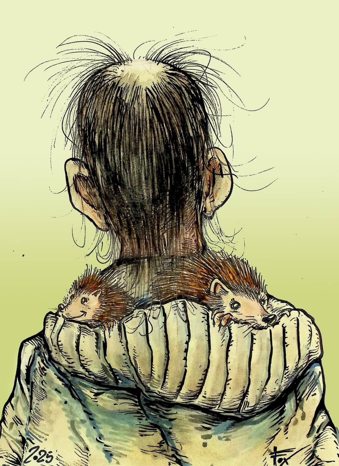 Fille avec hérissons sur les épaules