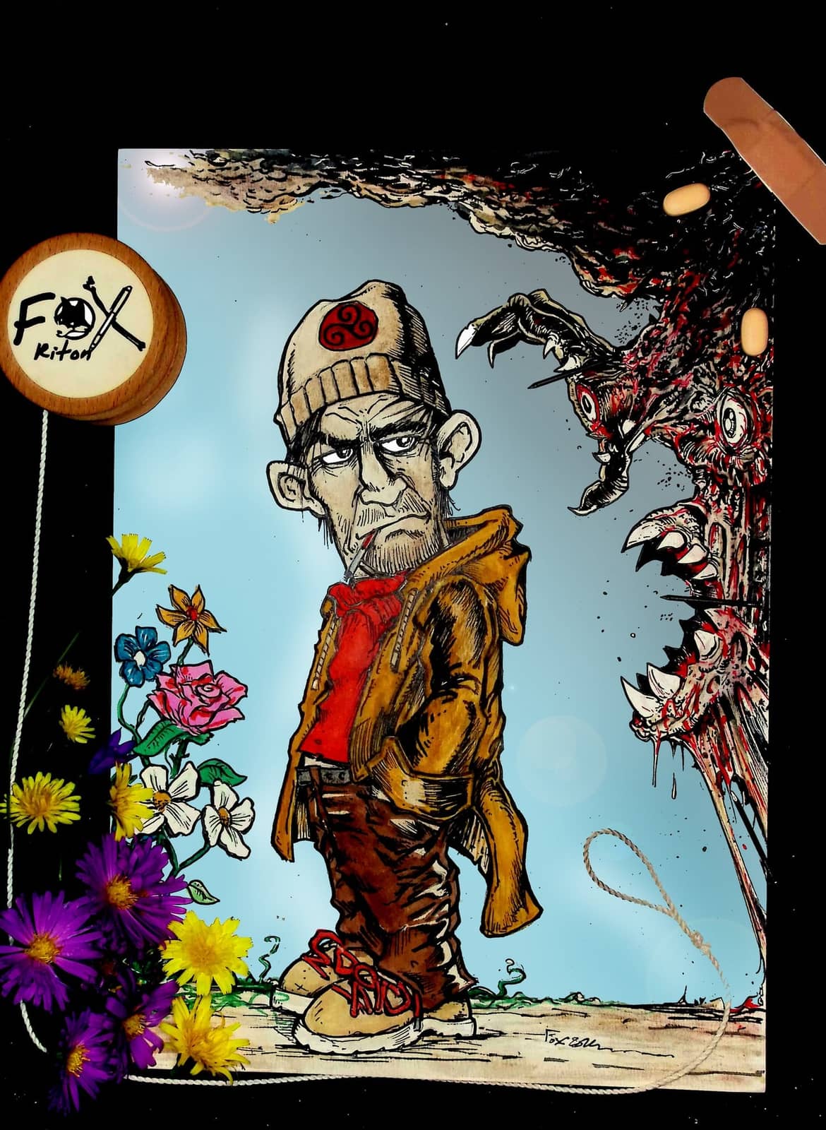 Personnage sombre aux fleurs colorées