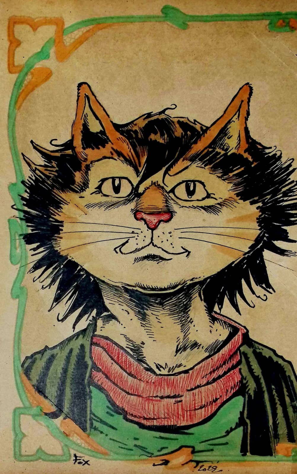 Chat anthropomorphe sur vieux papier