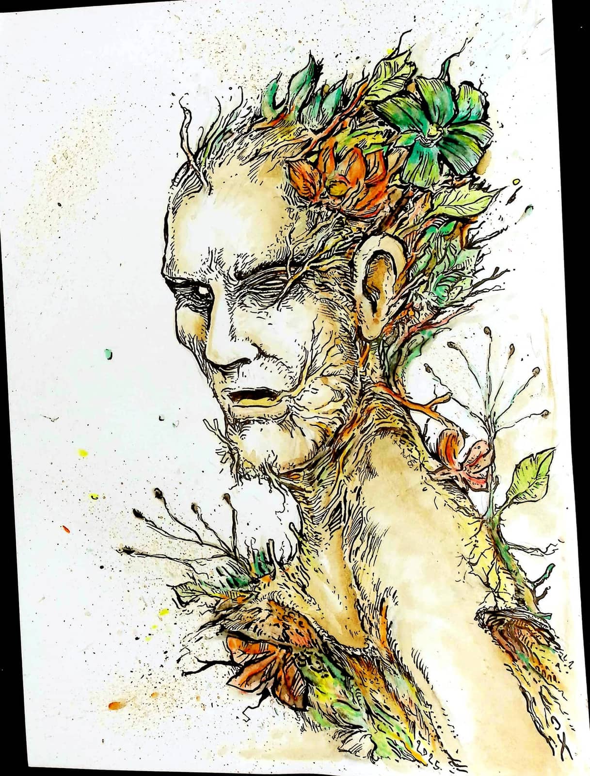 Visage fleuri et nature entrelacée