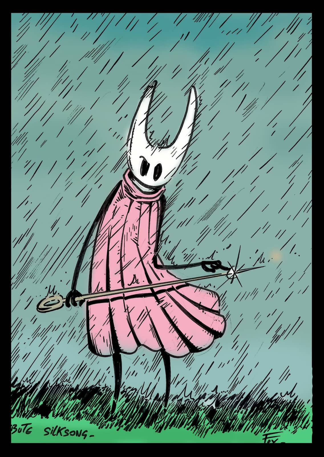 Créature en robe rose sous la pluie